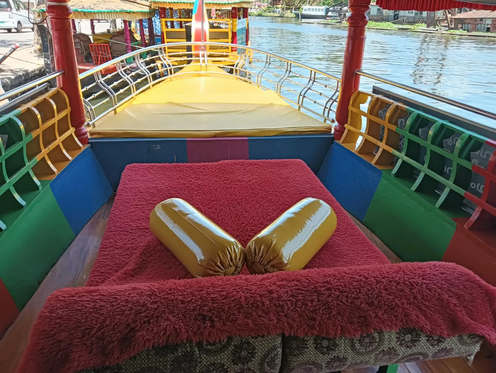 Cushioned front deck inside a traditional Shikara